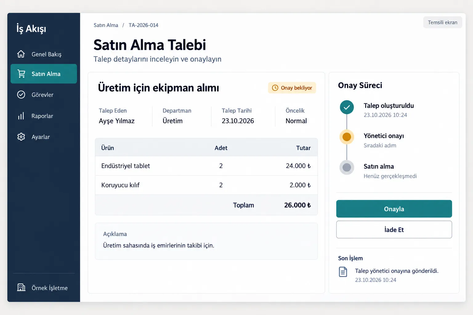 Temsili ekran: onay sürecinde hangi adımda beklendiği görünen bir satın alma talebi